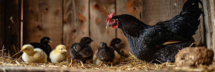 A mother hen watches over her chicks in a cozy wooden coop filled with straw.