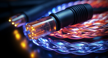Glasfaserkabel, Leuchtendes Kabel mit leuchtenden Adern, Schnelles Internet durch digitalen Ausbau des Netzes, Abstrakte Darstellung eines Glasfaserkabels - obrazy, fototapety, plakaty