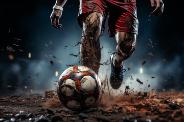 Konzept Action Fußball, Fußballspieler rennt dem Ball hinterher, Dynamische Bewegung, Schuss aufs Tor - obrazy, fototapety, plakaty