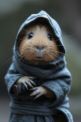A guinea pig dressed as a ninja warrior in a hooded robe. 