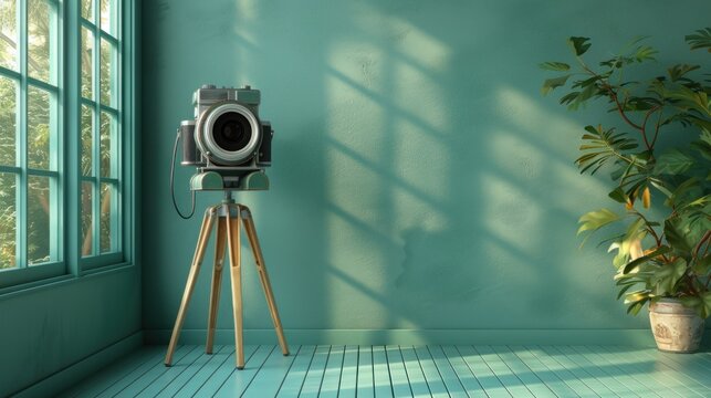green photo studio with old style movie camera