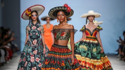 Fototapeta premium Vibrant Fashion Show Runway with Models in Exquisite Folklore Inspired Dresses Adorned with Flowers