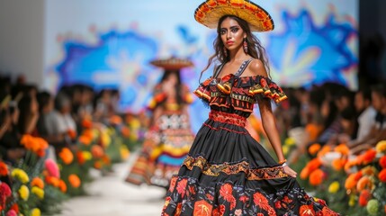 Elegant Model Showcasing Vibrant Traditional Dress on Fashion Runway With Vivid Background