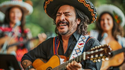 Energetic Mariachi Performer Playing Guitar with Vibrant Group in Traditional Attire at Festive...