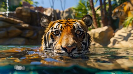 Majestic Tiger Swimming in Tropical Water with Vivid Details and Sunlit Background, Exotic Wildlife Close-Up