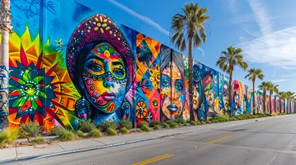 Vibrant Street Art Murals Decorating Urban Walls Under Sunny Blue Sky - Colorful Graffiti in Public...