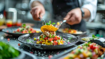 Professional Chef Garnishing Exquisite Salad Dish in Restaurant Kitchen, Focus on Artistic Food Presentation