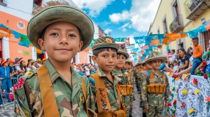 Young Children in Military Costumes Marching in Colorful Street Parade with Festive Decorations