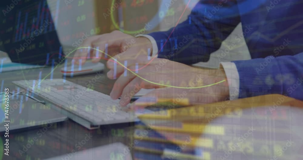Poster animation of financial data processing over caucasian man using computer