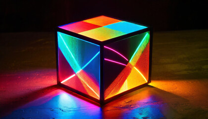 Cube, rainbow, neon, glowing, light, close-up