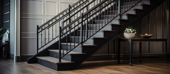 A black and white staircase featuring a wooden floor and black iron rail inside a house. The...
