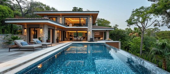 Modern home with swimming pool - obrazy, fototapety, plakaty