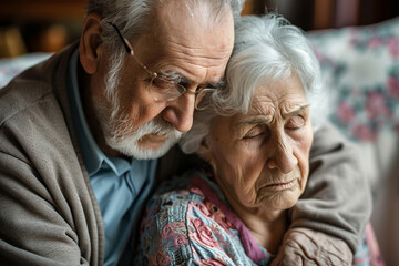 An elderly couple finds comfort in each other as they share a quiet and intimate moment of connection. - obrazy, fototapety, plakaty
