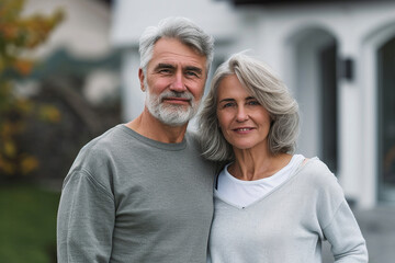  gray-haired noble and smart American married couple standing on blurred background of new home