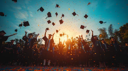  Group of cheerful student throwing graduation hats in the air celebrating, education concept with students celebrate success with hats and certificates © Clipart Collectors