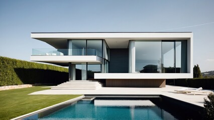 Obraz premium Modern villa with a minimalist exterior, incorporating clean lines and large glass panels