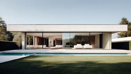 Fototapeta premium Modern villa with a minimalist exterior, incorporating clean lines and large glass panels