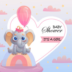 It's a Girl card and cute elephant with pink bow and air balloon on rainbow. Vector illustration.