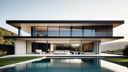 Modern villa with a minimalist exterior, incorporating clean lines and large glass panels