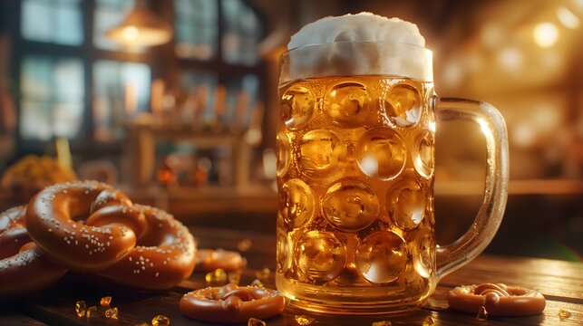 Maß Bier und Brezeln, Konzept Volksfest in Deutschland, Traditionelles deutsches Bier