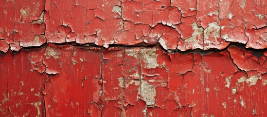 This photo captures a vintage red wall with peeling paint, showcasing the effects of time and weathering on its surface. The cracked metal sheet underneath adds to the distressed aesthetic of the