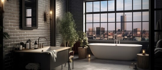 This modern and classic loft bathroom features a luxurious tub, sleek sink, and a spacious window filling the room with natural light. The beautiful tile decor adds a touch of elegance to the space. - obrazy, fototapety, plakaty