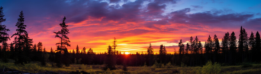 Vibrant colors of a sunset over a lush forest