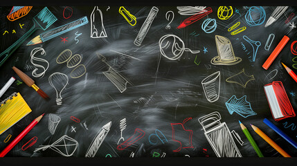 Black Table with Many School Supplies, Background, Chalkboard