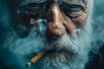 Alter Mann mit weißen Haaren und Bart raucht eine Zigarrette, tiefe Furchen im Gesicht, Nahaufnahme - obrazy, fototapety, plakaty