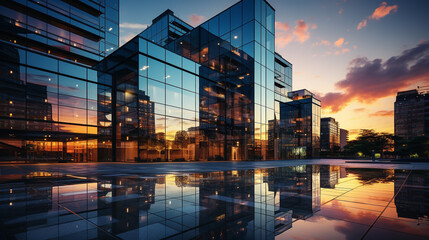 A high-rise building with sleek glass windows - obrazy, fototapety, plakaty