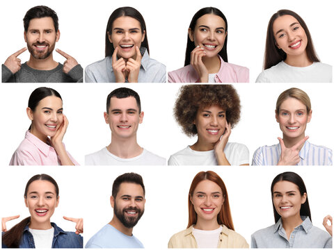 People showing white teeth on white background, collage of photos