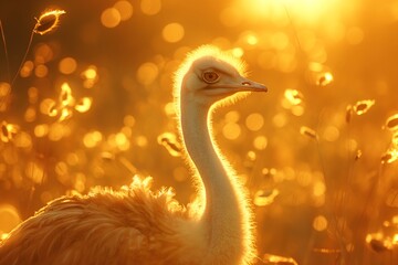 Vogelstrauß im goldenen Sonnenlicht, Strauß in der Natur mit schönem Bokeh