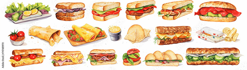 Wall mural detailed illustrations of various ingredients in a snack-sized sandwich