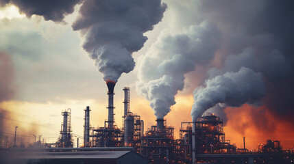 A close-up view of a refinery emitting smoke into the sky