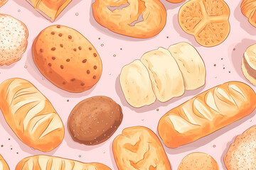 Artistic interpretation of a variety of breads and buns in a cheerful pastel color palette
