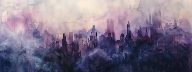 A surreal purple cityscape draped in ethereal smoke, blurring the boundaries between reality and imagination. watercolor painting style. - obrazy, fototapety, plakaty