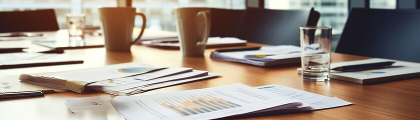Financial reports spread out on a boardroom table - obrazy, fototapety, plakaty