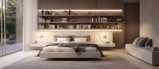 A modern bedroom featuring a bed with a neatly arranged bookshelf in the background. The room is simple yet functional, with clean lines and a minimalist design aesthetic.