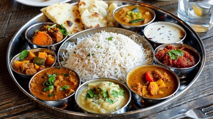 A vibrant selection of traditional Indian thali on a wooden table.