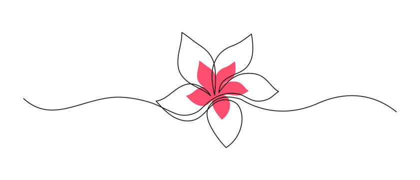 One continuous line drawing of Plumeria flower. Frangipani blossom with petals for floral tattoo in simple linear style. Plant pattern in Editable stroke. Doodle hand drawn vector illustration