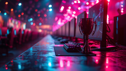 The esports winner trophy standing on the stage in the middle of the arena of the computer video game championship. Two rows of PCs for competing teams. Stylish neon lights with a cool design