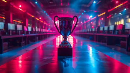 The esports winner trophy standing on the stage in the middle of the arena of the computer video...