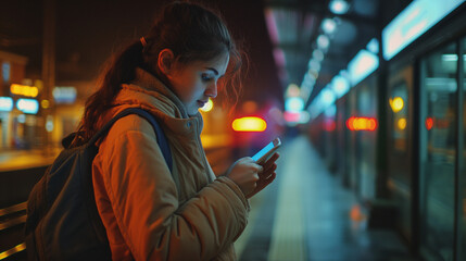 Enjoying travel. Young woman waiting on station platform on background light electric moving train using smart phone in night. Tourist text message and plan route of stop railway, railroad transport. - obrazy, fototapety, plakaty
