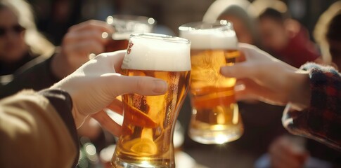 Gruppe von Menschen stößt mit einem Glas Bier an, Konzept Bier trinken in einer Bar - obrazy, fototapety, plakaty