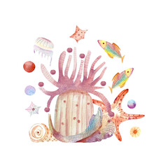 Watercolor illustration sea life  with colourful fishes, seashell, sea anemone, starfish and jellyfishes. Multi colored fairy tale background. Suitable for decor, cards,  posters, print.