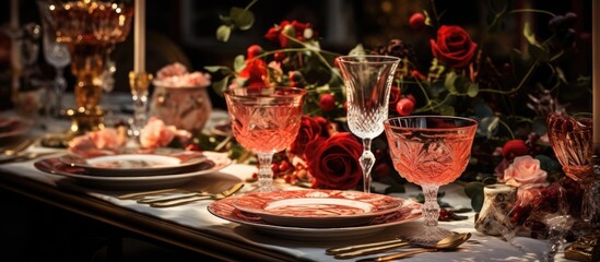 Obraz na płótnie Canvas A table is elegantly decorated with plates and glasses filled with vibrant red flowers, creating a festive and celebratory ambiance.