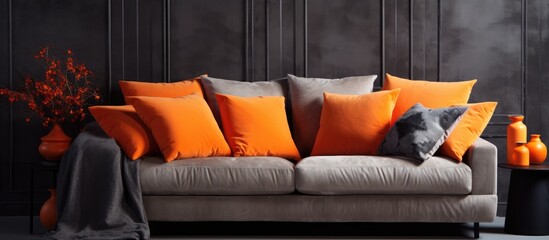 A cozy couch in a living room is adorned with orange and grey pillows, creating a warm and inviting atmosphere. The cushions provide a pop of color against the neutral upholstery.