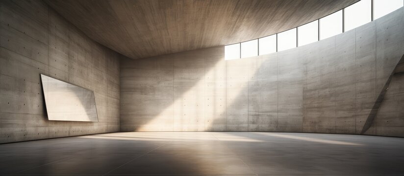 Room featuring concrete walls and large windows, creating a minimalist industrial aesthetic. The space is devoid of furniture, emphasizing the architectural design.