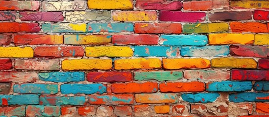 An eye-catching and inspiring photograph of a vibrant and textured brick wall painted in various...