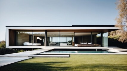 Modern villa with a minimalist exterior, incorporating clean lines and large glass panels